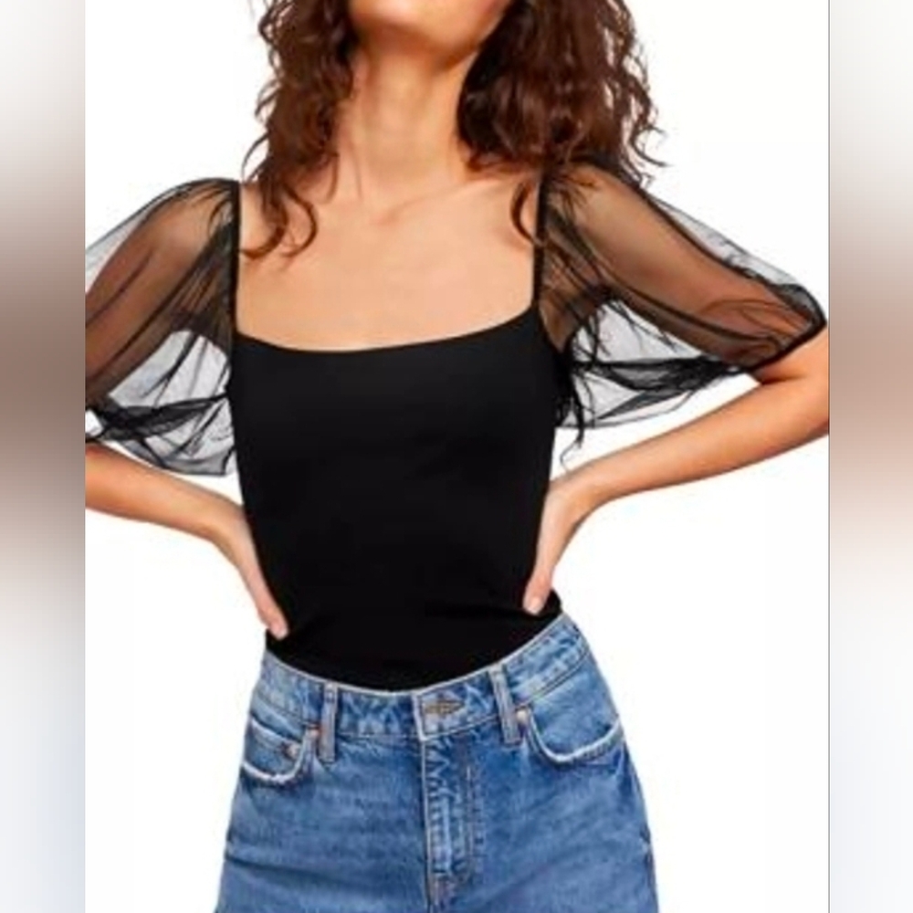 Free People Black Sheer Puff Sleeve Square Neck Bodysuit